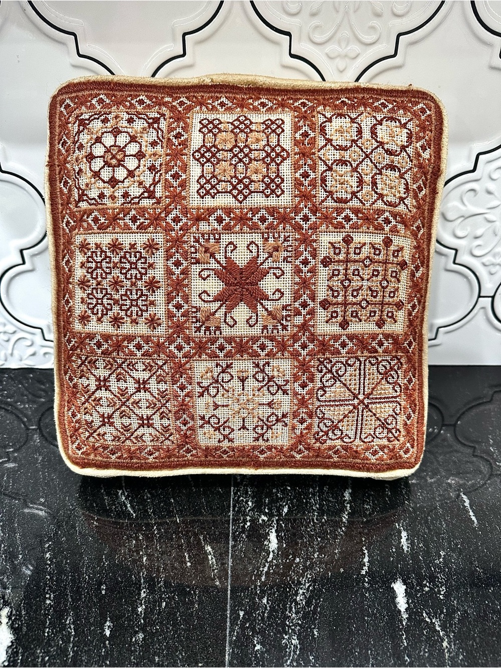 Hand-Embroidered Rust and Cream Needlepoint Pillow